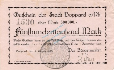 Boppard , Banknote 500.000 Mark Schein in gbr. Keller 528.a , Rheinland 1923 Inflation