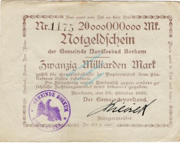 Borkum , Banknote 20 Milliarden Mark -C- gbr. Keller 535... Niedersachsen 1923 Inflation