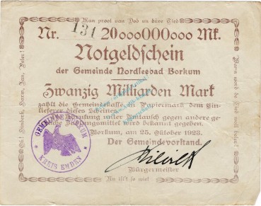 Borkum , Banknote 20 Milliarden Mark -D- gbr. Keller 535... Niedersachsen 1923 Inflation