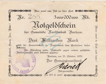 Borkum , Banknote 3 Milliarden Mark gbr. Keller 535... Niedersachsen 1923 Inflation