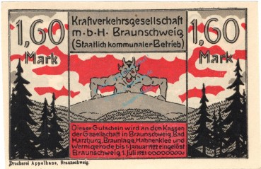 Braunschweig , Notgeld 1,60 Mark Schein in unc-kfr. M-G 156.2 , Niedersachsen 1921 Seriennotgeld