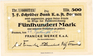 Bremen , Banknote 500 Mark Schein unc-kfr. Müller 540.3 , Niedersachsen 1922 Inflation