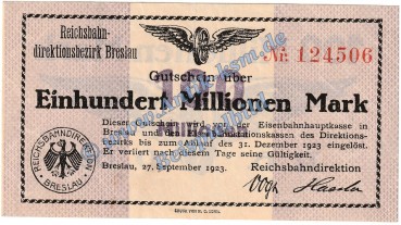 Breslau , Banknote 100 Millionen Mark Schein in kfr. Keller 603.c Schlesien 1923 Grossnotgeld Inflation