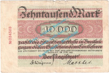 Breslau , Notgeld 10.000 Mark Schein in gbr. Müller 665.5 , Schlesien 1922-23 Inflation