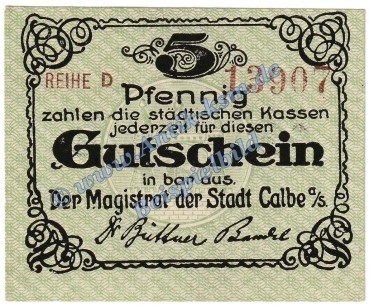 Calbe , Notgeld 5 Pfennig Schein in kfr. Tieste 1070.15.01 , Sachsen Verkehrsausgabe