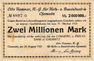 Chemnitz , Banknote 2 Millionen Mark Schein gbr. Bühn 0687.4.b , Sachsen 1923 Inflation