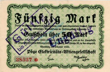 Chemnitz , Banknote 50 Mark Schein gbr. Müller 785.9 , Sachsen 1922 Inflation 1922-23