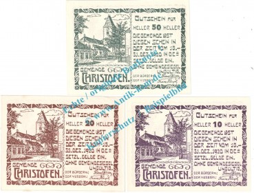 Christofen , Notgeld Set mit 3 Scheinen in kfr. K-K 117.a , Niederösterreich o.D.