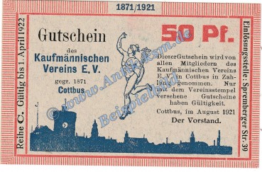 Cottbus , Notgeld 50 Pfennig Schein -C- in kfr. M-G 243.1 Brandenburg 1921 Seriennotgeld