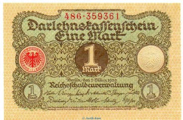 Darlehnskassenschein , 1 Mark Schein in kfr. DEU-189, Ros.64, P.58 , vom 1.3.1920 , Weimarer Republik