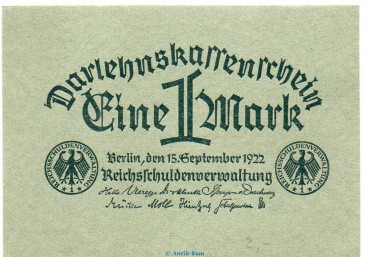 Darlehnskassenschein , 1 Mark Schein in kfr. DEU-192, Ros.73.a, P.61 , vom 15.9.1922 , Weimarer Republik