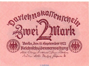 Darlehnskassenschein , 2 Mark Schein in kfr. DEU-196, Ros.74, P.62 , vom 15.9.1922 , Weimarer Republik