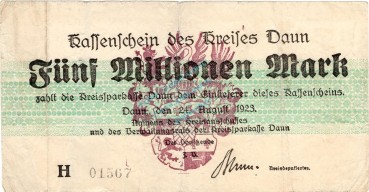 Daun , Banknote  Millionen Mark Schein in gbr. Keller 962.c , Rheinland 1923 Inflation