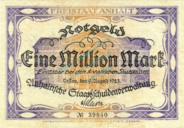 Dessau , Banknote 1 Million Mark Schein in gbr. Keller 104.a , Sachsen Anhalt 1923 InflationDessau , Banknote 1 Million Mark Schein in gbr. Keller 104.a , Sachsen Anhalt 1923 Inflation