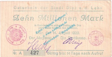 Diez , Notgeld 10 Millionen Mark Schein in gbr. Keller 1009.b , Hessen 1923 Grossnotgeld Inflation