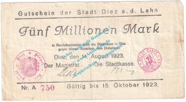 Diez , Notgeld 5 Millionen Mark Schein in gbr. Keller 1009.a , Hessen 1923 Grossnotgeld InflationDiez , Notgeld 5 Millionen Mark Schein in gbr. Keller 1009.a , Hessen 1923 Grossnotgeld Inflation