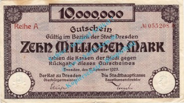 Dresden , Notgeld 10 Millionen Mark Schein in gbr. Bühn 1130.16 , Sachsen 1923 Inflation