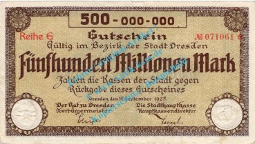 Dresden , Notgeld 500 Millionen Mark Schein in gbr. Bühn 1130.18 , Sachsen 1923 Inflation