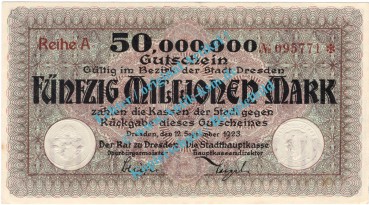 Dresden , Notgeld 50 Millionen Mark Schein in kfr. Bühn 1130.17 , Sachsen 1923 Inflation