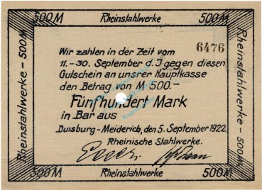 Duisburg , Banknote 500 Mark Schein unc-kfr. Müller 1250.1 , Rheinland 1922 Inflation