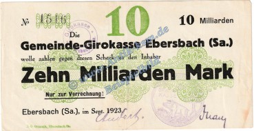 Ebersbach , Banknote 10 Milliarden Mark Schein in gbr. Keller 1213.k , Sachsen 1923 Grossnotgeld Inflation