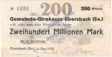 Ebersbach , Banknote 200 Millionen Mark Schein in gbr. Keller 1213.g , Sachsen 1923 Grossnotgeld Inflation