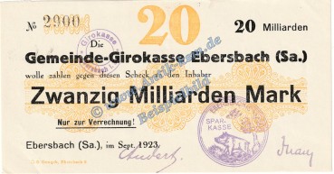 Ebersbach , Banknote 20 Milliarden Mark Schein in kfr. Keller 1213.k , Sachsen 1923 Grossnotgeld Inflation