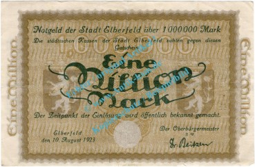 Elberfeld , Notgeld 1 Million Mark Schein in gbr. Keller 1294.d , Rheinland 1923 Inflation