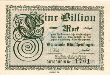 Elmschenhagen , Banknote 1 Billion Mark Schein in unc-kfr. Keller 1327.d , Schleswig Holstein 1923 Inflation