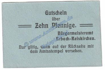 Erbach Reiskirchen , Notgeld 10 Pfennig Schein in kfr. Tieste 1740.05.05 , Pfalz o.D. Verkehrsausgabe