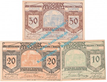 Ferschnitz , Notgeld Set mit 3 Scheinen in kfr. K-K 198... Niederösterreich 1920