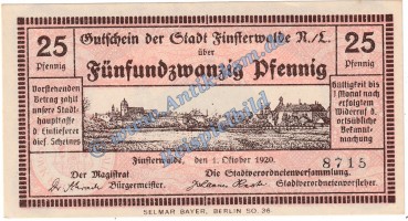 Finsterwalde , Notgeld 25 Pfennig Schein in kfr. Tieste 1870.05.15 , Brandenburg 1920 Verkehrsausgabe