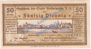 Finsterwalde , Notgeld 50 Pfennig Schein in kfr. Tieste 1870.05.07 , Brandenburg 1919 Verkehrsausgabe