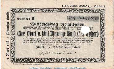 Flensburg , 1,05 Mark Gold Notgeld Schein in gbr.E , Müller 1665.14 von 1923 , Wertbeständiges Notgeld