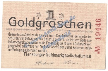 Flensburg , 1 Groschen Gold Notgeld Schein in f-kfr. Müller 1660.3.a Wertbeständig 1Flensburg , 1 Groschen Gold Notgeld Schein in f-kfr. Müller 1660.3.a Wertbeständig 1923 Schleswig Holstein923 Schleswig Holstein