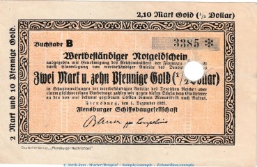 Flensburg , 2,10 Mark Gold Notgeld Schein in L-gbr.E , Müller 1665.15 von 1923 , Wertbeständiges Notgeld