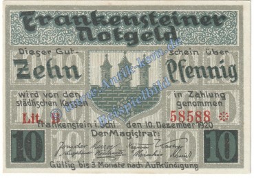 Frankenstein , Notgeld 10 Pfennig Schein in kfr. Tieste 1925.05.05 , Schlesien 1920 Verkehrsausgabe