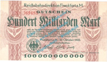 Frankfurt , Notgeld 100 Milliarden Mark Schein in kfr. Keller 1555.f , Hessen 1923 Grossnotgeld Inflation