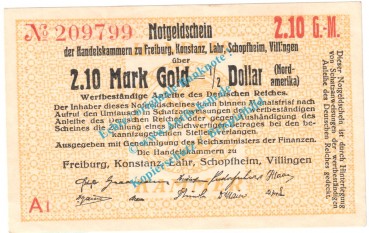 Freiburg i.B. 2,10 Gold Mark Notgeld Schein in kfr. Müller 1785.4.c , Baden o.D. Wertbeständig