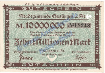 Geislingen , Banknote 10 Millionen Mark Schein in kfr. Keller 1693.a , Württemberg 1923 Grossnotgeld - Inflation