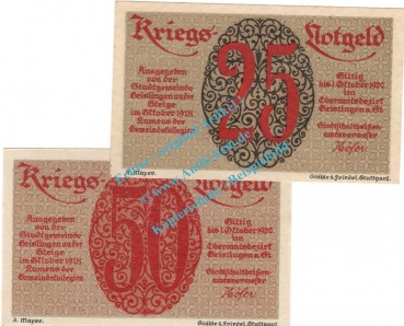 Geislingen , Notgeld Set mit 2 Scheinen in kfr. Tieste 2140.05.01-02 , Württemberg 1918 Verkehrsausgabe