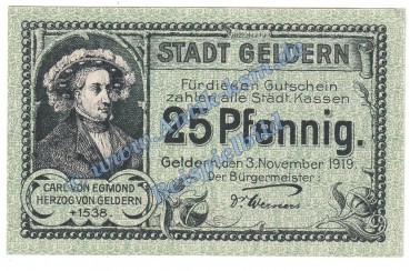 Geldern , Notgeld 25 Pfennig Schein in kfr. Tieste 2145.05.05 , Rheinland 1919 Verkehrsausgabe