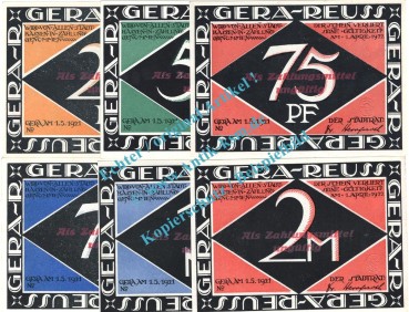 Gera , Notgeld Set mit 6 Scheine --roter Üdr-- in kfr. M-G 420... Thüringen 1921 Seriennotgeld