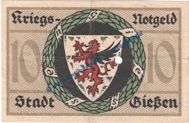 Gießen , Banknote 10 Mark Schein in gbr.E , Geiger 178.02 von 1918 Grossnotgeld Hessen