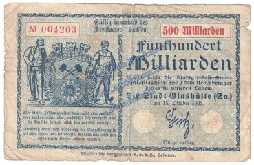 Glashütte , Banknote 500 Milliarden Mark Schein in gbr. Keller 1793.h , Sachsen 1923 Grossnotgeld - Inflation