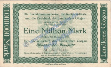 Glogau , Banknote 1 Million Mark Schein in gbr. Keller 1809.b Schlesien 1923 Grossnotgeld Inflation