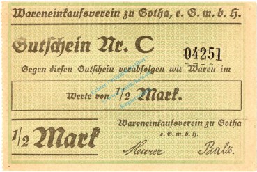 Gotha , Notgeld 1 halbe Mark Schein unc-kfr. Ti.2395.65.01 , Thüringen o.D. Verkehrsausgabe