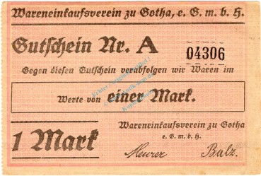 Gotha , Notgeld 1 Mark Schein unc-kfr. Ti.2395.65.02 , Thüringen o.D. Verkehrsausgabe