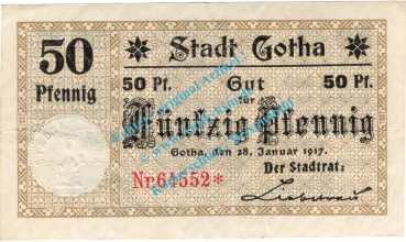 Gotha , Notgeld 50 Pfennig Schein in gbr. Tieste 2395.50.01 , Thüringen 1917 Verkehrsausgabe