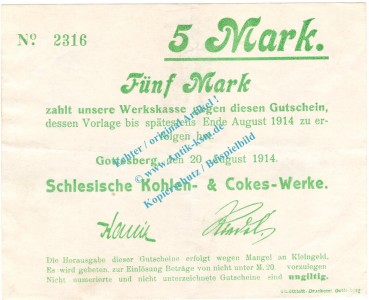 Gottesberg , Notgeld 5 Mark Schein in gbr. Diessner 129.1.c , Niederschlesien 1914 Notgeld 1914-15